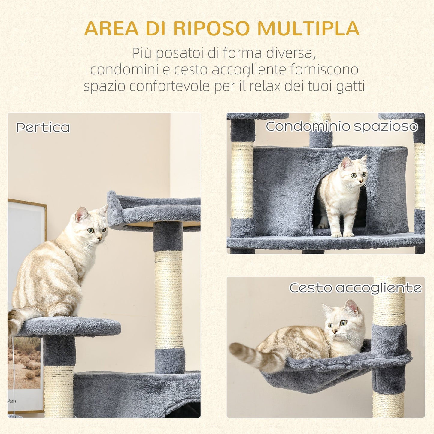 Cat Tree for cats with Scratch Pole, with houses and hammocks, 60x60x200cm, light Grey