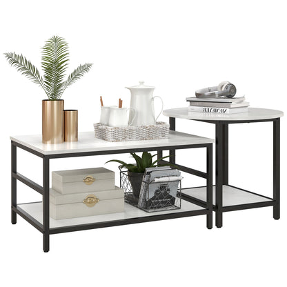 2-Tier Coffee Tables Set in Chipboard and Steel with Marble Effect Top, Black and White