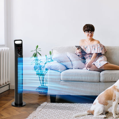 Column Fan with Remote Control up to 5m, 70° Oscillation with 3 Modes and 3 Speeds, 7.5h Timer, 40W Black, Ф18x78.5cm