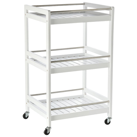 SPOON | Wooden Kitchen Trolley with 3 Shelves and Wheels, 45x38x78cm, White