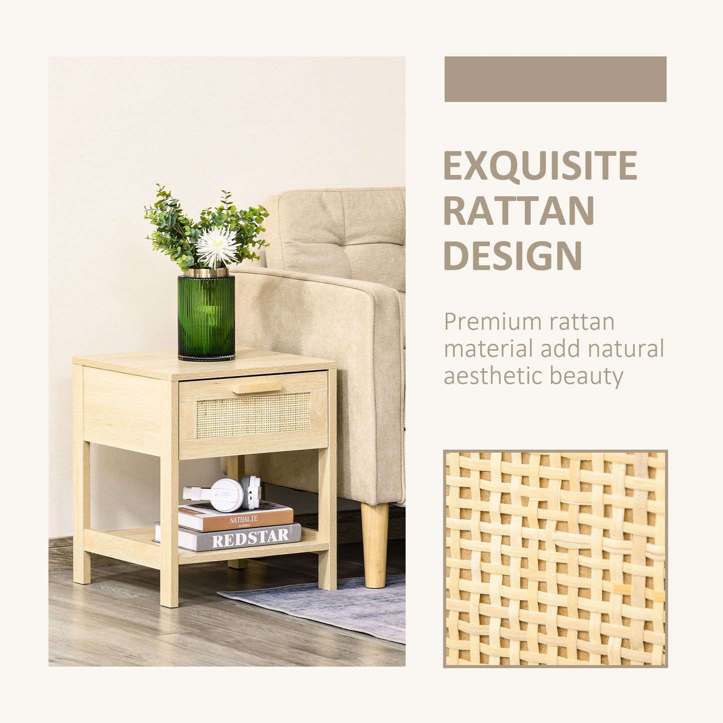 Modern Bedside Table with Drawer and Lower Shelf for Storage, in MDF, 40x40x48 cm, Wood color