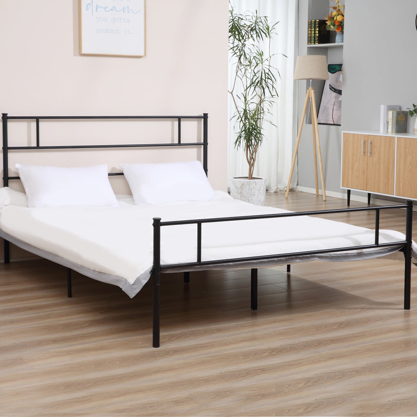 Queen Size Steel Bed Frame 140x200cm with Slats, Headboard and Footboard