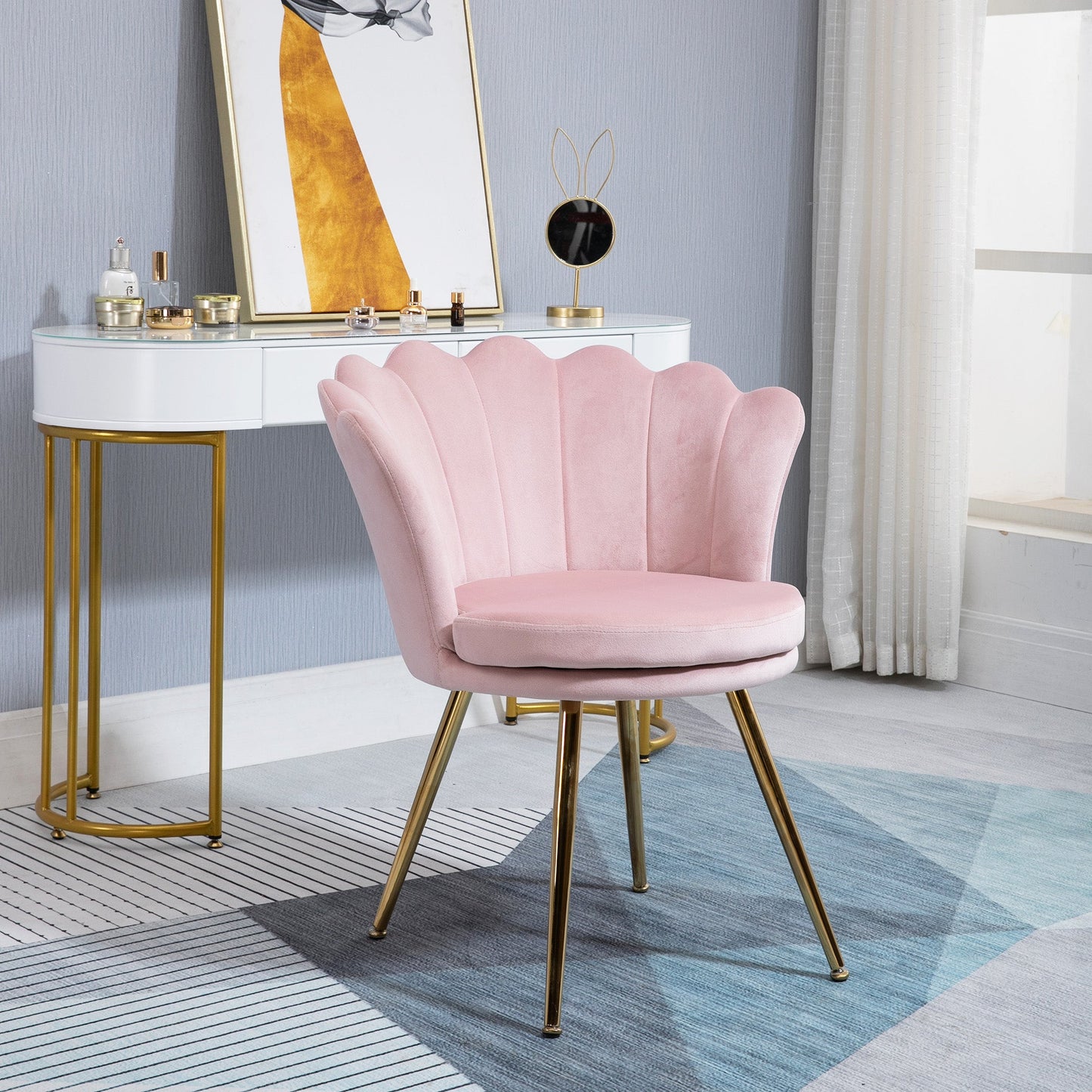 Vintage Style Velvet Shell Lounge Chair with Gold Legs in Pink