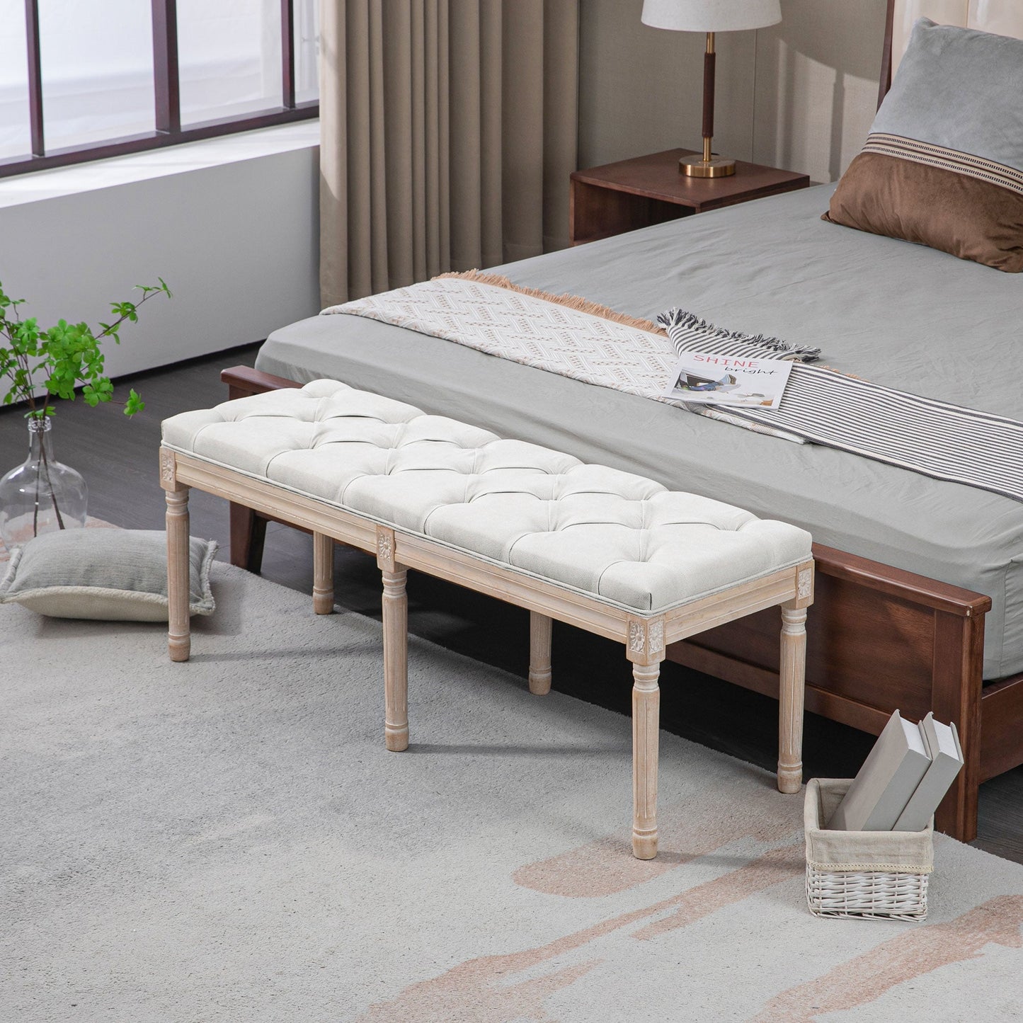 Vintage Style Upholstered Bedside Bench in Fabric and Wooden Legs, 117x40x48