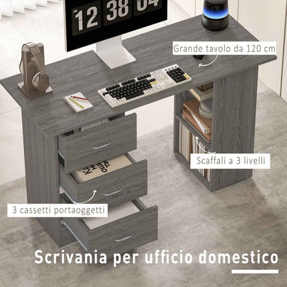 HOMCOM Modern Desk with 3 Drawers and 3 Shelves for Bedroom and Office, Wooden, 120x49x72 cm, Grey