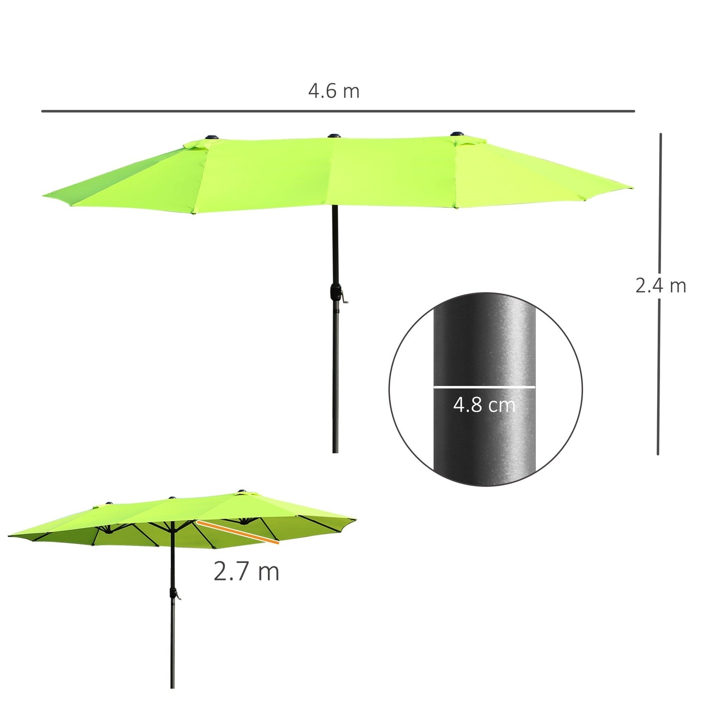 Double Garden Umbrella with Crank Opening, in Steel and Polyester, 460x270x240 cm, Light Green