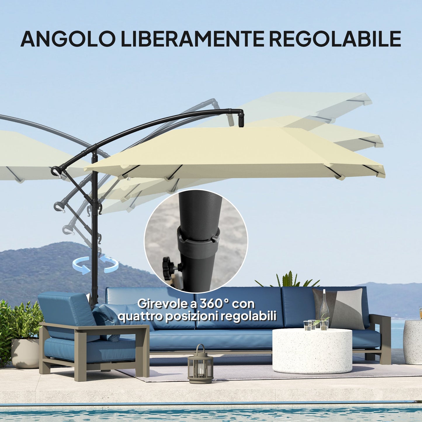 Cantilever Umbrella with Adjustable Cover and Cross Base, in Metal and Polyester, 260x304x245 cm, Cream