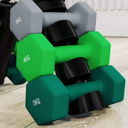 Dumbbell Set with Stand, 3 Pairs of Weights 2 x 3 kg, 2 x 4 kg, 2 x 5 kg, Multicolored