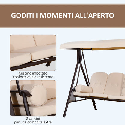 3-Seater Swing with Adjustable Roof, Cup Holder and Cushions, in Metal and Polyester, 208x121x172 cm, Beige