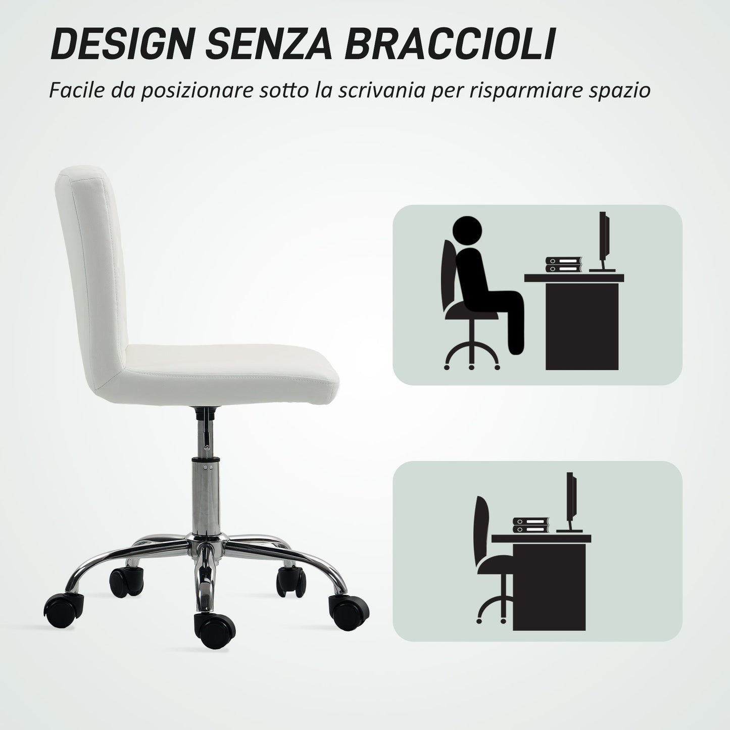Adjustable Office Chair with Button Upholstery, PU Leather, Foam and Steel, 44x50x78-88 cm, White