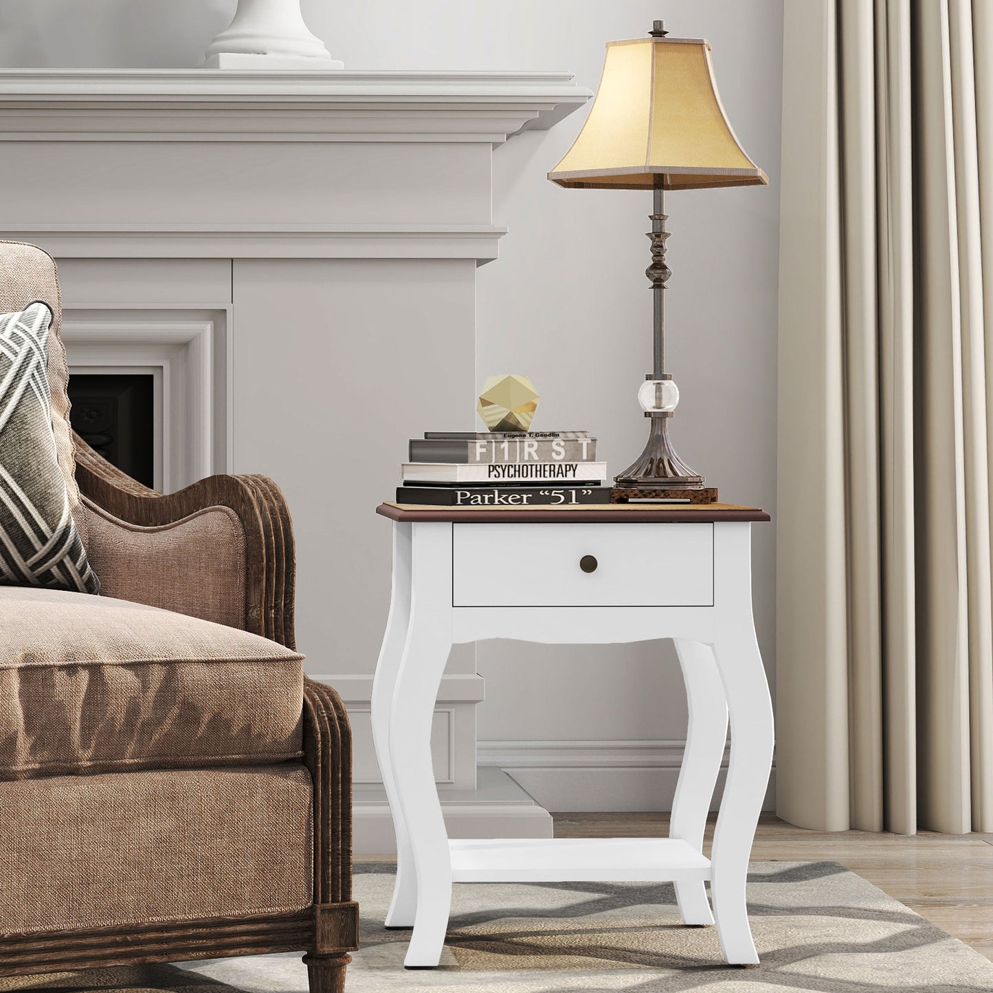 French Style Wooden Nightstand with Drawer and Open Shelf, 45x35x55 cm, White and Oak