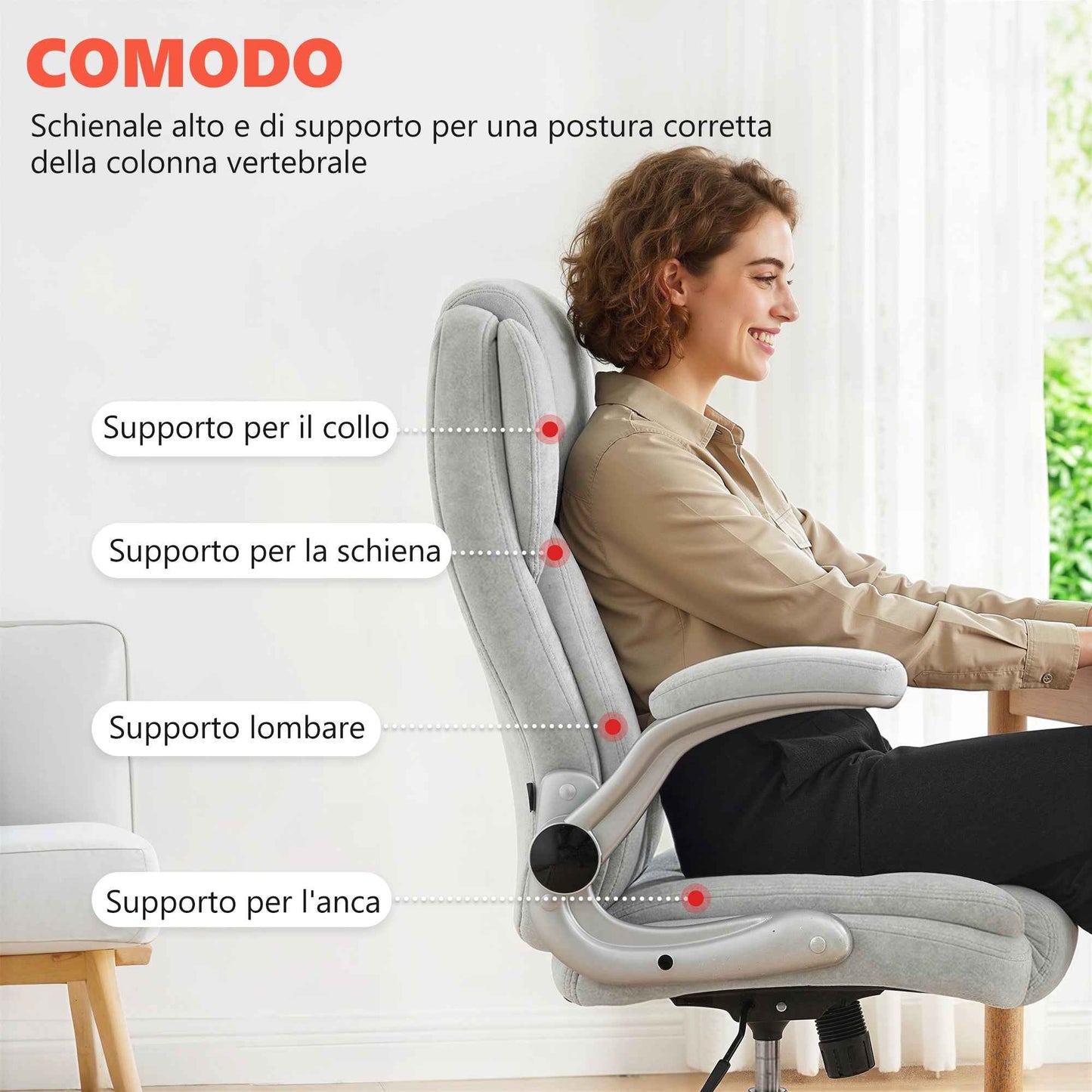 Ergonomic Chair, High Back, Printed Velvet, Foldable Armrests, Cream White