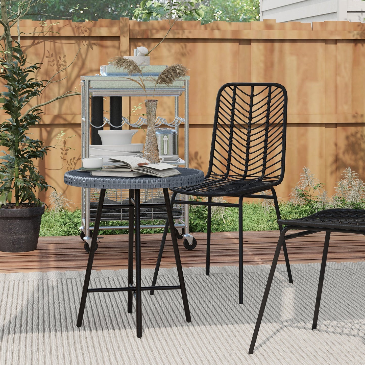 Modern Garden Coffee Table with Wood Plastic Top, Rattan and Steel, 50x50x55 cm, Grey and Black