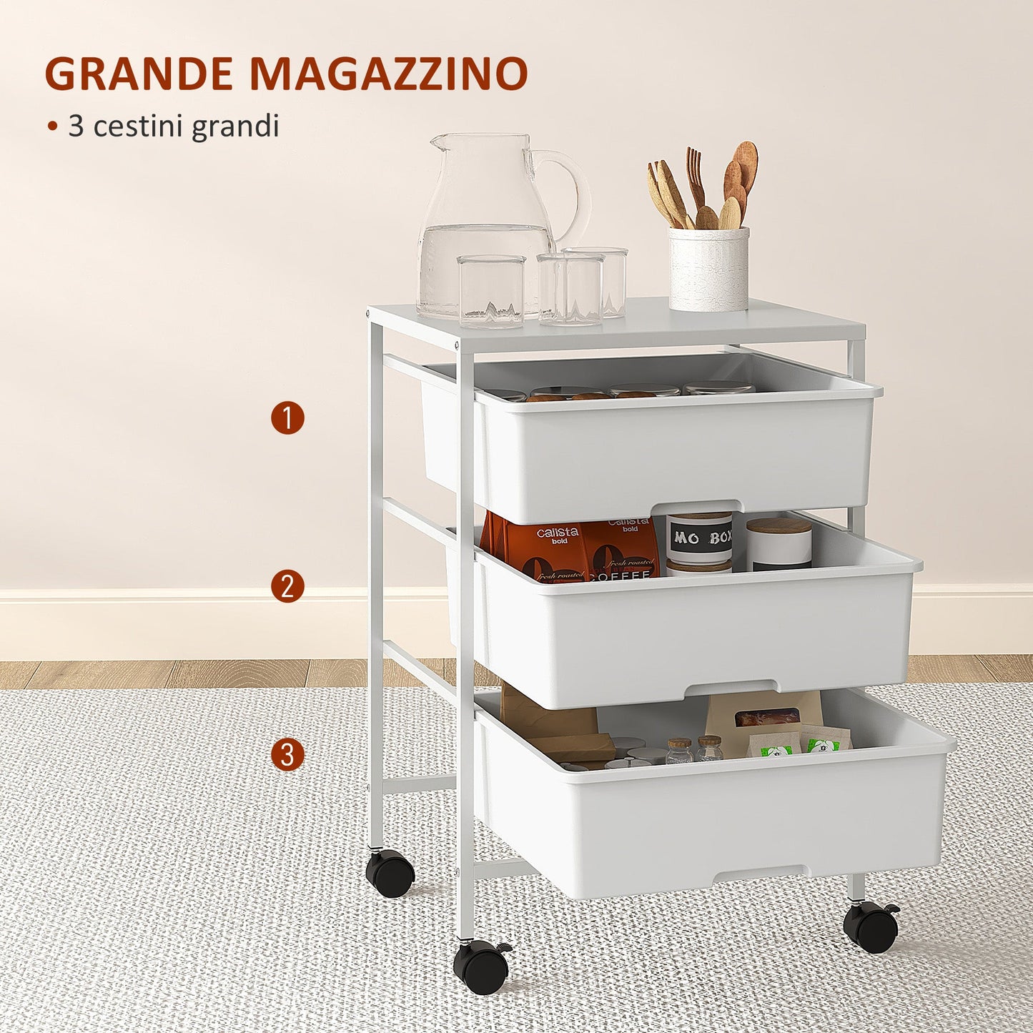 Multipurpose Trolley with 3 Removable Baskets and Wheels for Kitchen and Office in Steel and PP, White