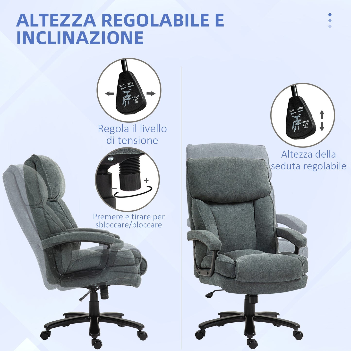 Reinforced Office Chair 200kg Capacity, Swivel and Tiltable in Velvet Fabric, Grey