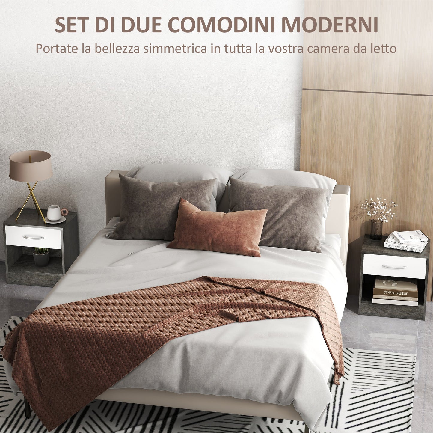 Set of 2 Modern Bedside Tables with Open Shelf and Drawer, Wooden, 39x28x41 cm, White and Dark Grey