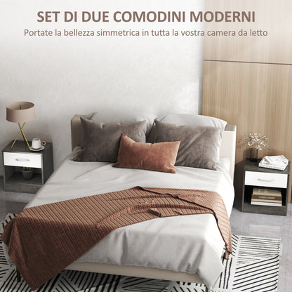 Set of 2 Modern Bedside Tables with Open Shelf and Drawer, Wooden, 39x28x41 cm, White and Dark Grey