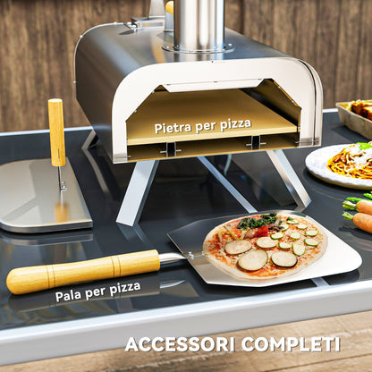 Wood Pellet Pizza Oven with Refractory Stone and Shovel, Stainless Steel, 79x36x75 cm, Silver