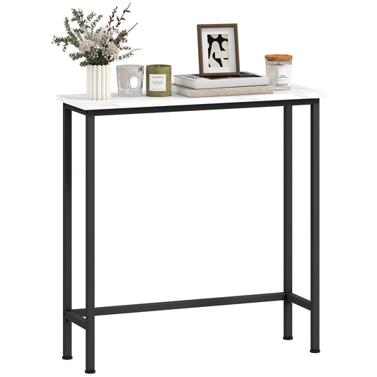 Entrance Console Table with Marble-Effect Top, in Wood and Steel, 75x24x76 cm, Black and White