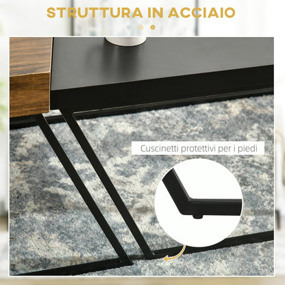 Set of 2 Chipboard and Steel Coffee Tables, Black Table 80x60x42 cm and Brown Table 60x60x46 cm