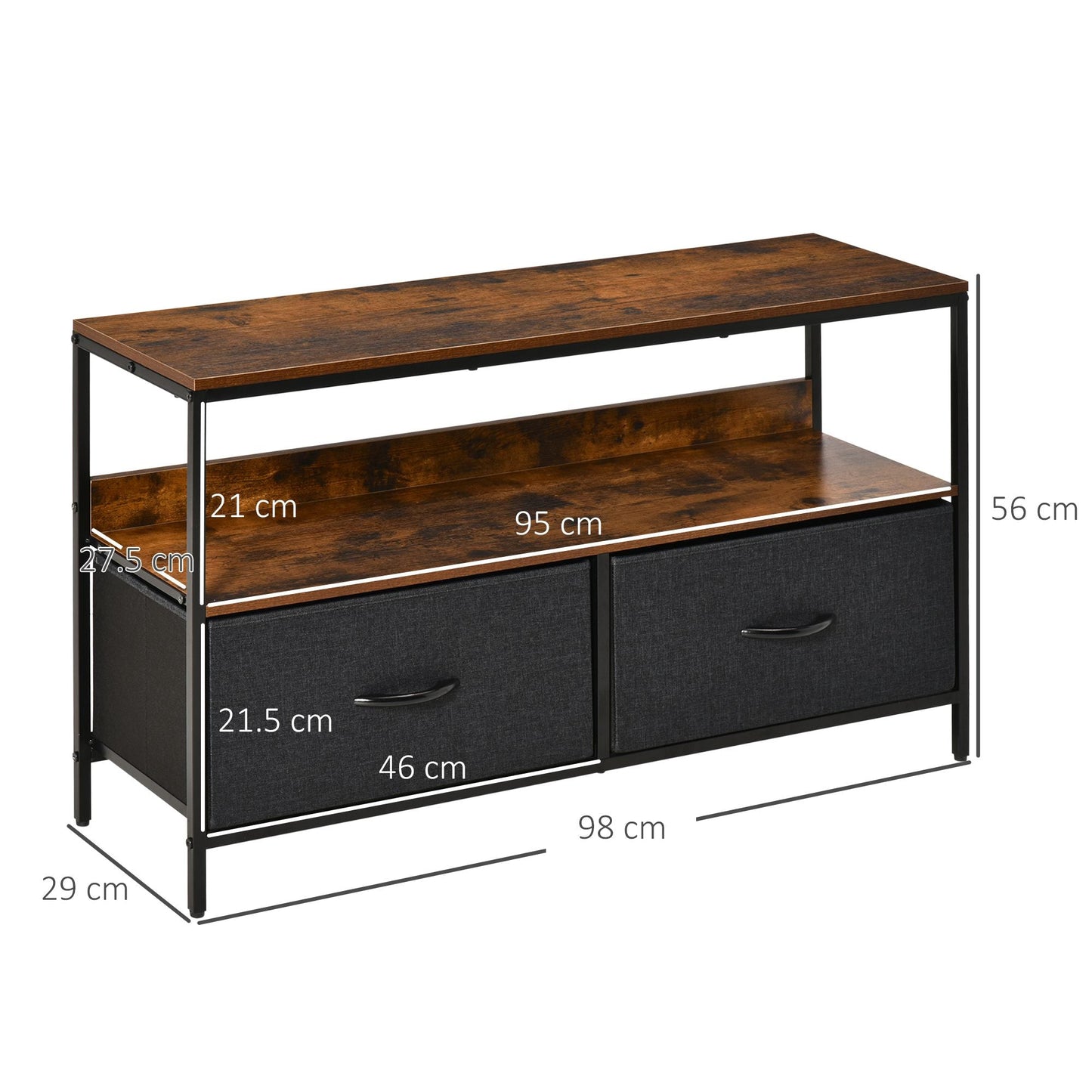 47" TV Stand with Folding Fabric Drawers and Shelf, Metal and MDF TV Cabinet, 98x29x56cm, Rustic Brown