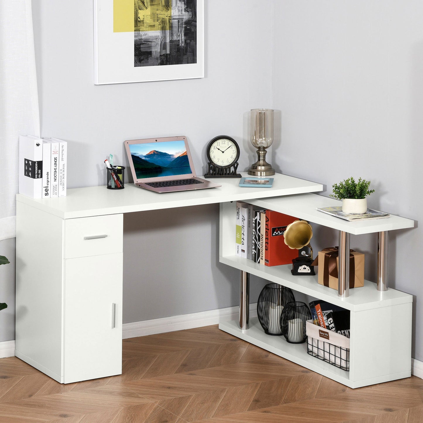 Modern Wooden Corner Desk with Drawer, Cabinet and Shelves, Office and Home Furniture, White
