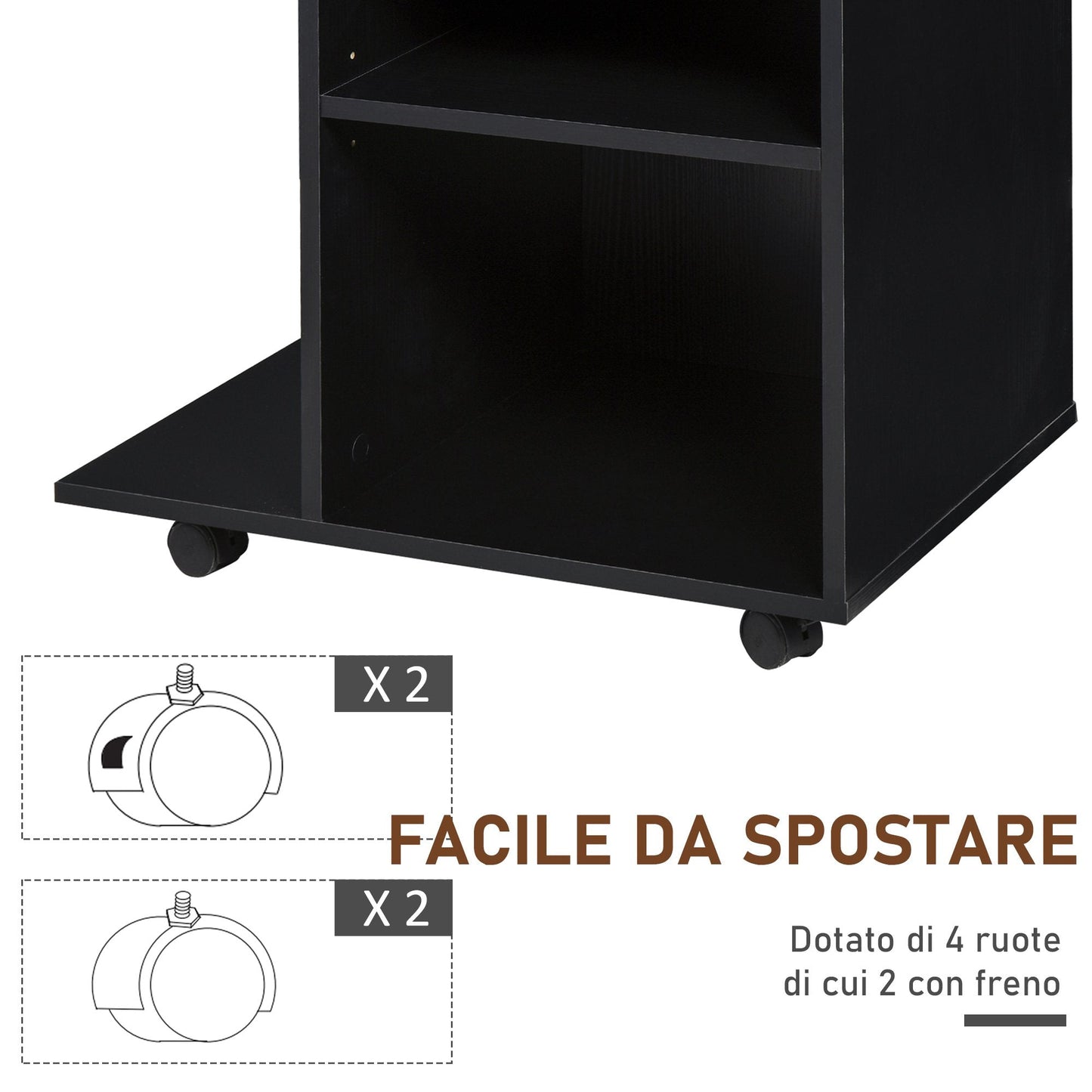 Printer Stand in Black Wood with 1 Drawer, 2 Shelves and CPU Shelf, for Office 60x40x68.5cm