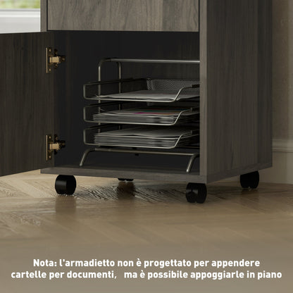 4-Wheel File Cabinet with Open Shelf and Drawers, Wood and Metal, 40x35x60 cm, Grey