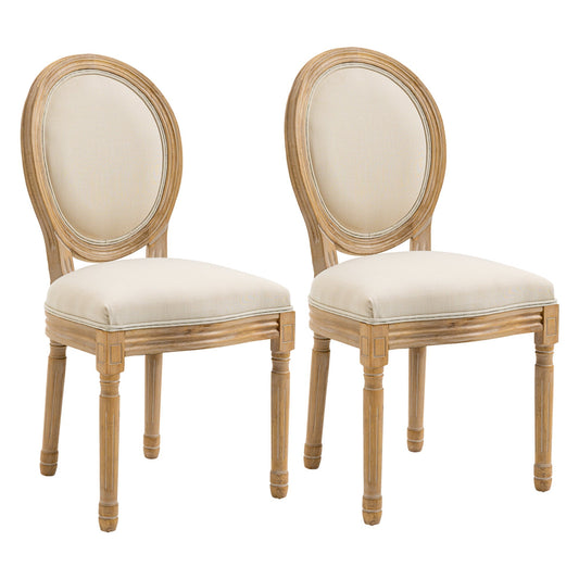 Set of 2 Padded Dining Chairs, Vintage Retro Style Living Room Chairs in Wood and Linen Effect Fabric Cream White 49x56x96cm