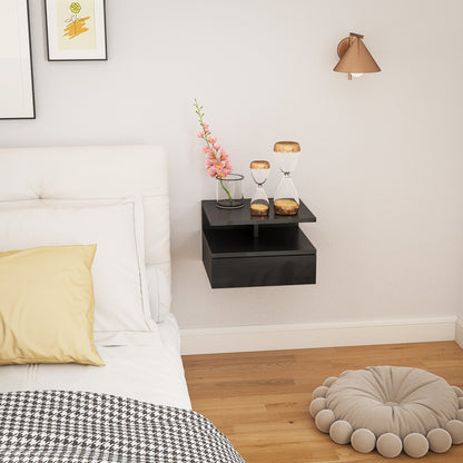 Floating Nightstand for Bedroom with Drawer and Open Shelf in Wood, 35x32x22.5 cm, Glossy Black