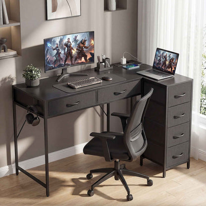 Corner Desk with 6 Drawers, Side Hook and Integrated Sockets, Wood and Steel, 126x48x80 cm, Black