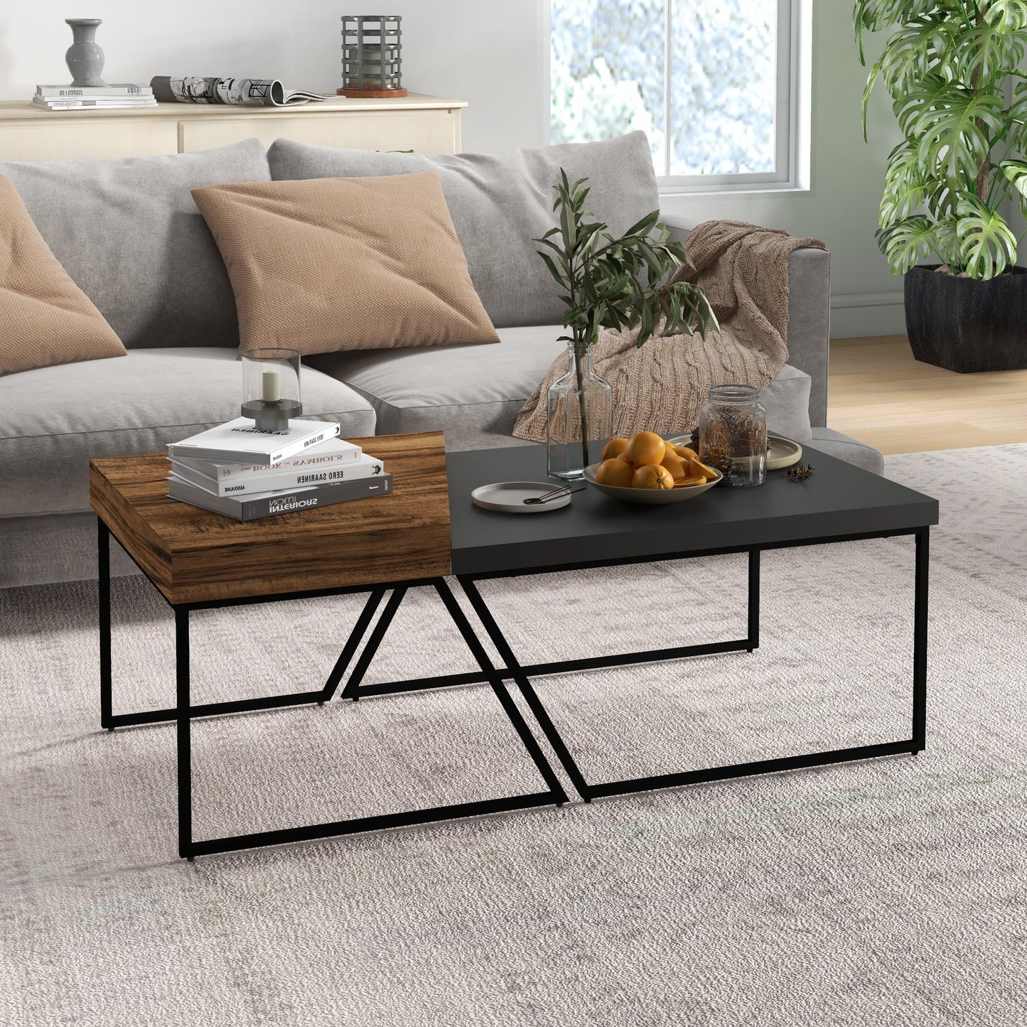 Set of 2 Chipboard and Steel Coffee Tables, Black Table 80x60x42 cm and Brown Table 60x60x46 cm