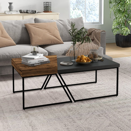 Set of 2 Chipboard and Steel Coffee Tables, Black Table 80x60x42 cm and Brown Table 60x60x46 cm