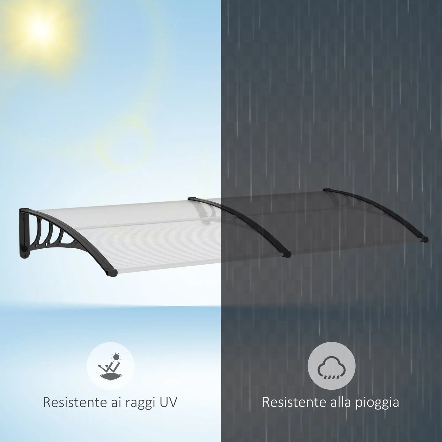 Outdoor Canopy Shelter 195x75cm in Polycarbonate and Aluminum for Balcony Windows and Doors, Transparent