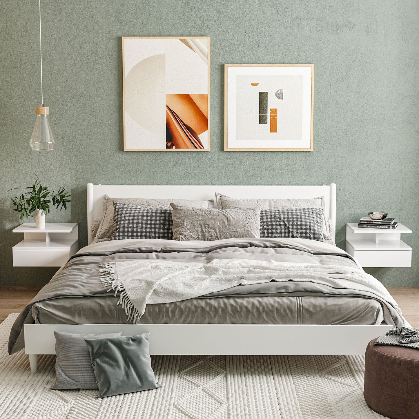 Set of 2 Modern Floating Bedside Tables with Drawer and Wooden Shelf 35x32x22.5cm, Glossy White