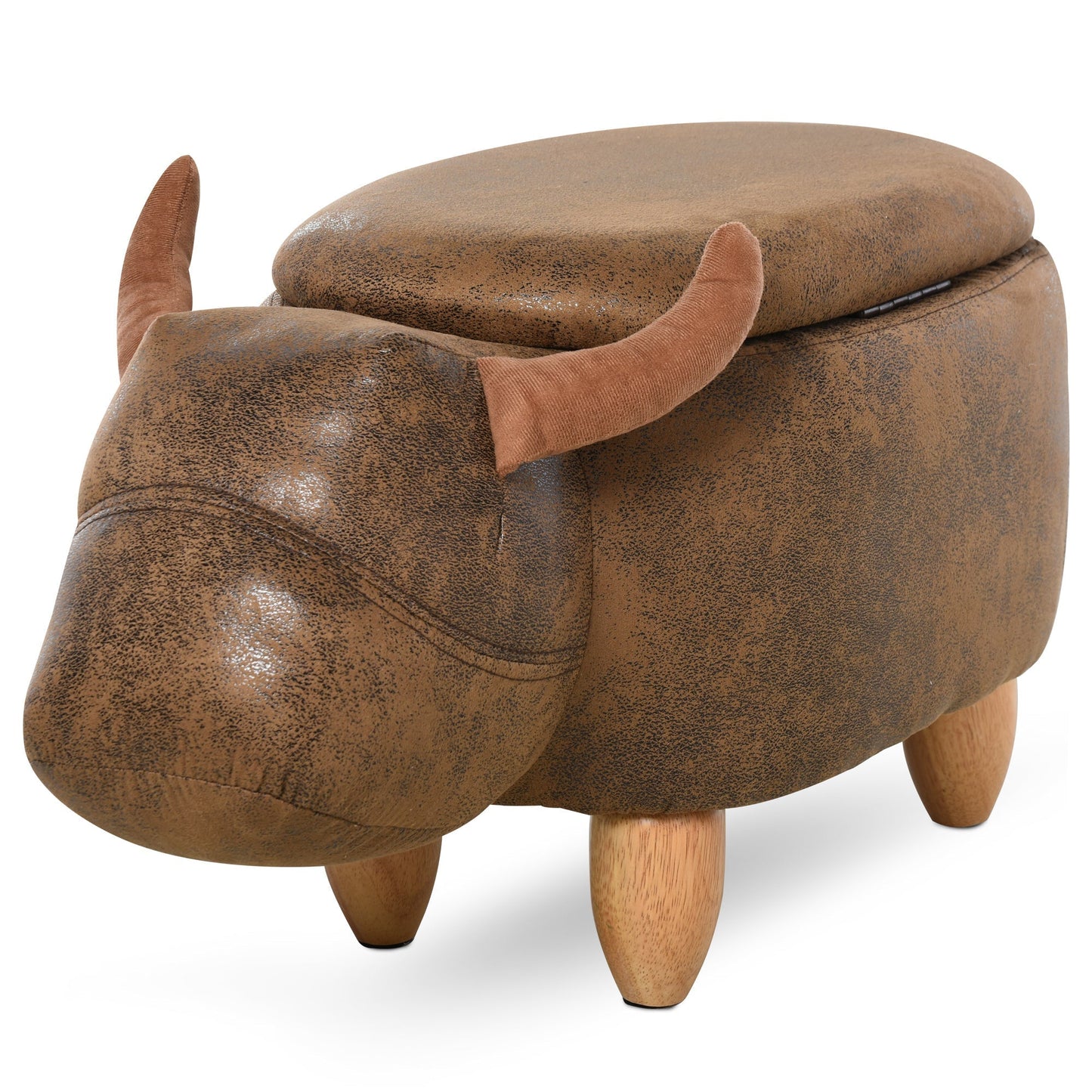 Buffalo Shaped Storage Ottoman, Modern Living Room Ottoman, Footstool, Wooden Frame, Padded Seat, 62x35x36cm, Brown