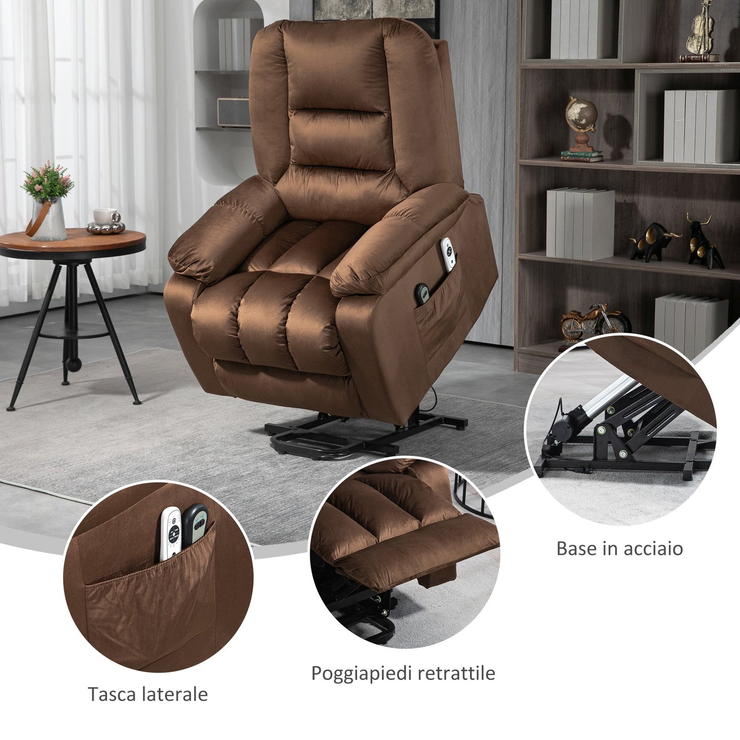 Lift Reclining Relax Chair, Massage and Heated in Velvet, Brown