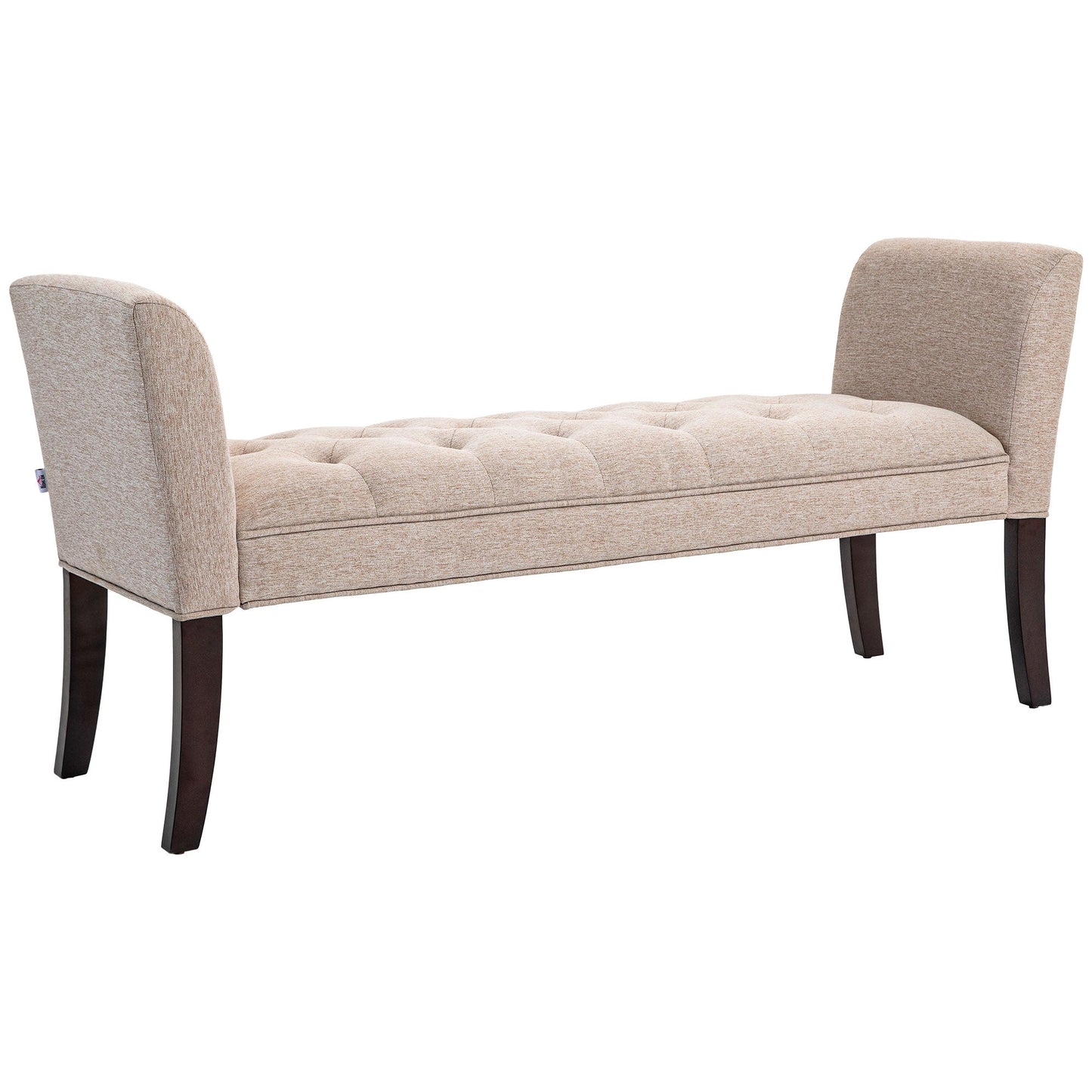 Padded and Buttoned Bed End Bench, in Linen and Wood Effect Fabric, 141x44x65 cm, Beige