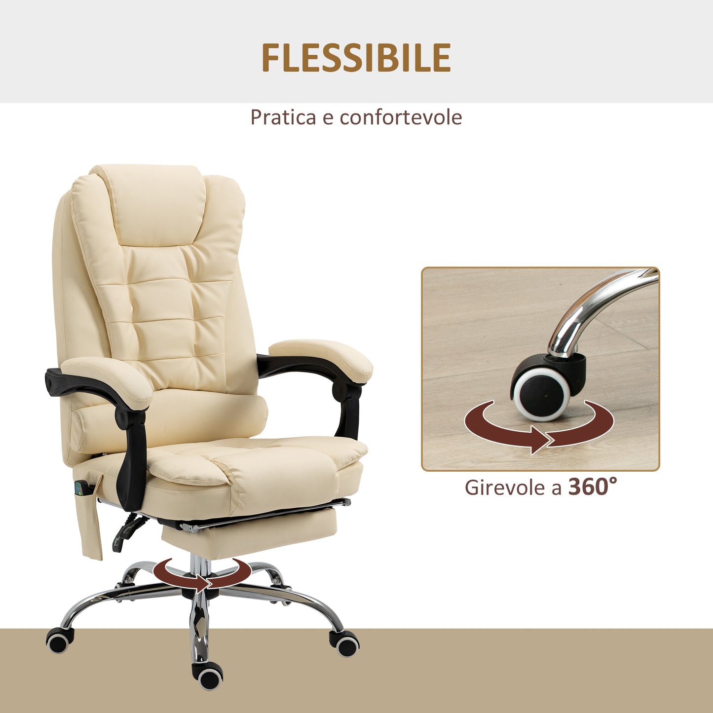 Ergonomic massant armchair winner at adjustable height with 6 vibrant points, 65x160x104 cm, cream