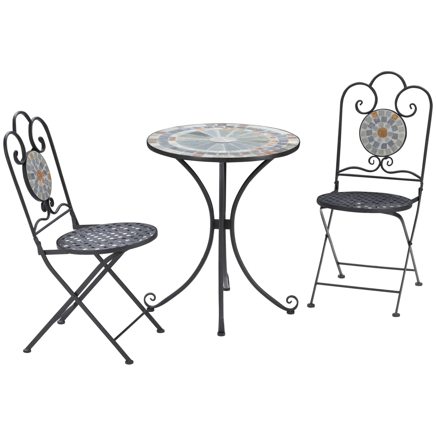 3‑Piece Grey Mosaic Garden Bistro Set with Folding Chairs