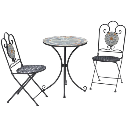 3‑Piece Grey Mosaic Garden Bistro Set with Folding Chairs