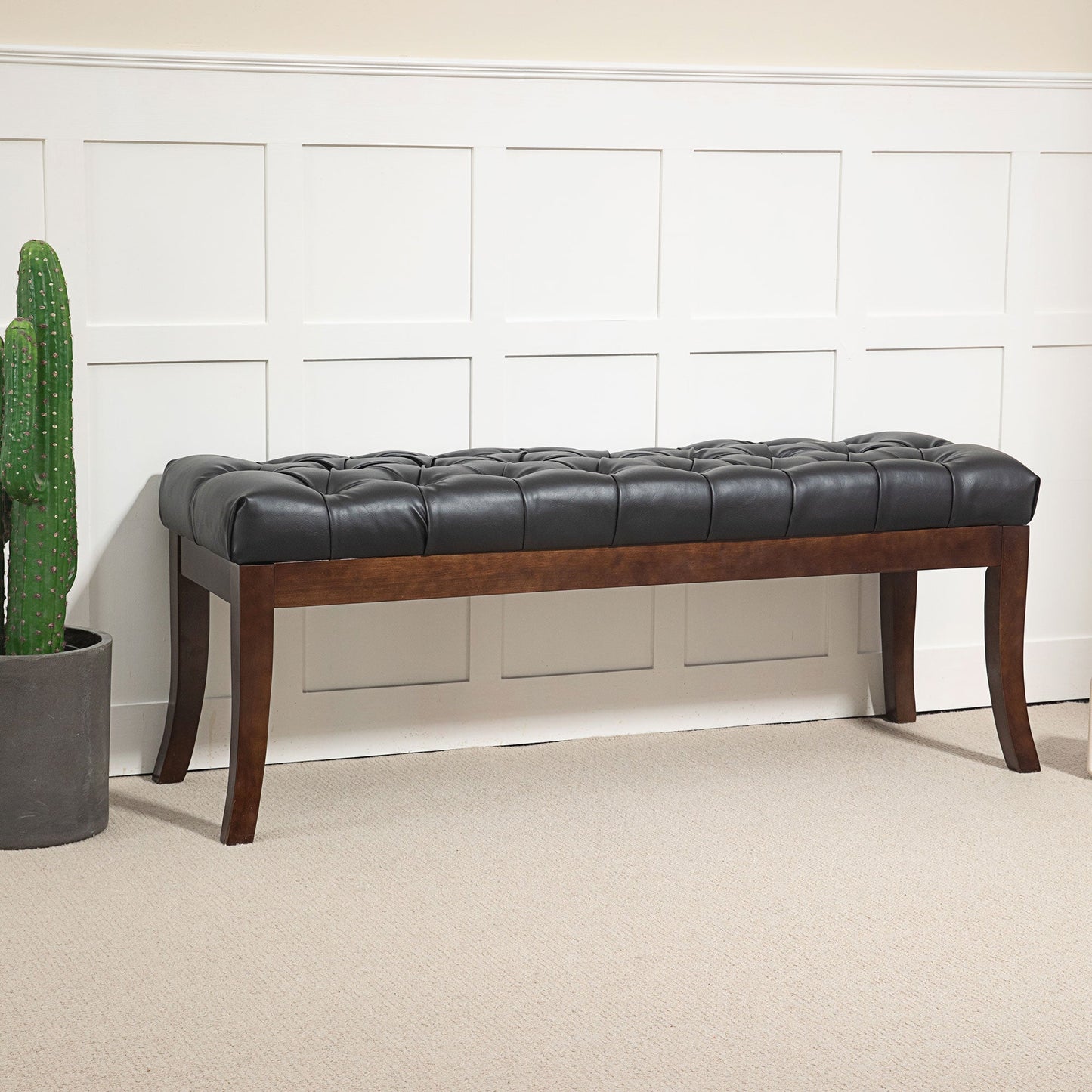 Upholstered Bed End Bench with Button Design and Curved Legs, PU Leather and Wood, 120x38x46 cm, Black