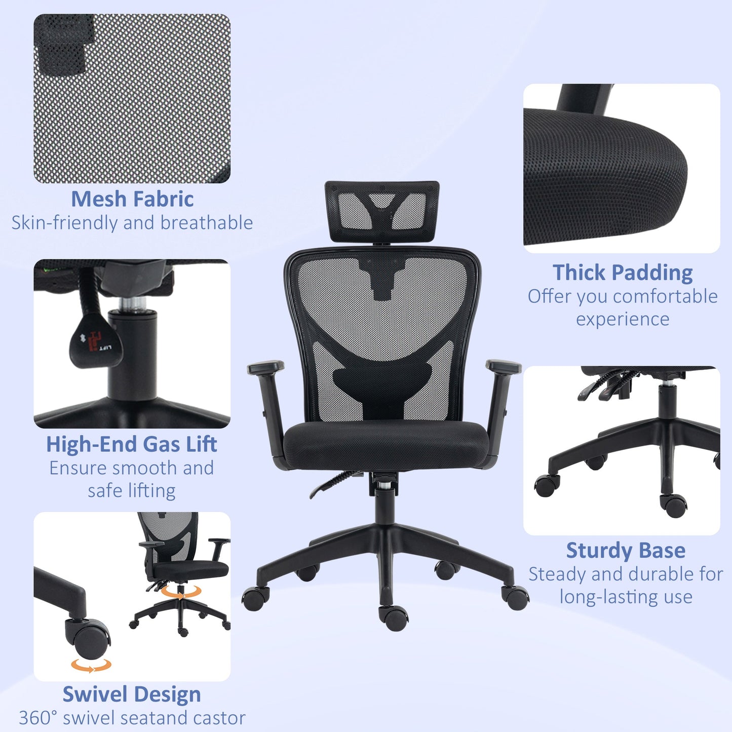 Ergonomic Office Chair with Adjustable Height, Lumbar Support and Headrest, 66x61x106-116cm Black