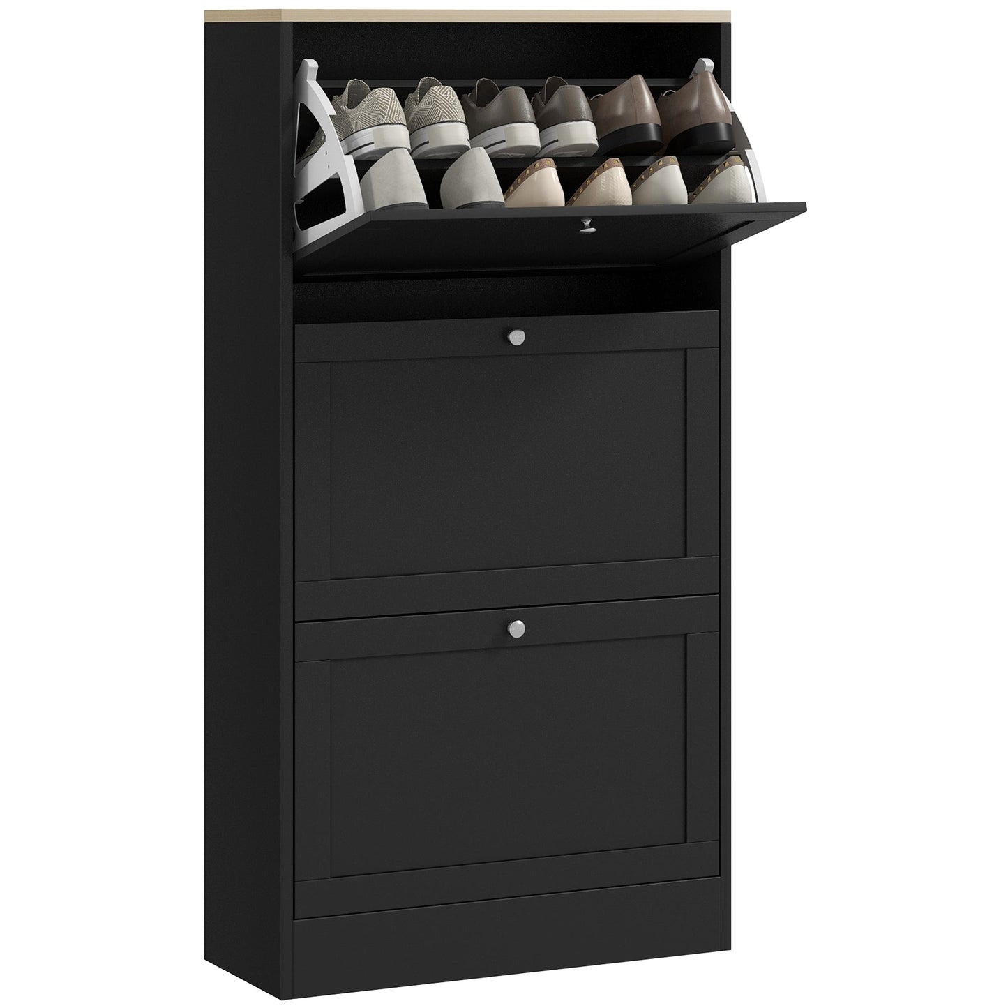 Space-saving 3-drawer shoe rack with adjustable shelves on 2 levels, in wood, 60x23.5x115 cm, Black