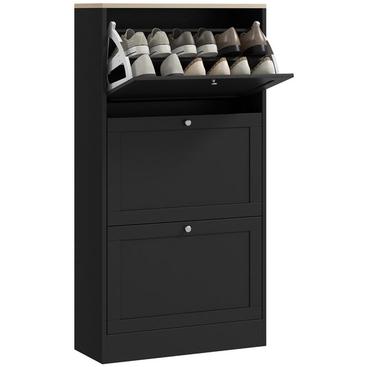 Space-saving 3-drawer shoe rack with adjustable shelves on 2 levels, in wood, 60x23.5x115 cm, Black