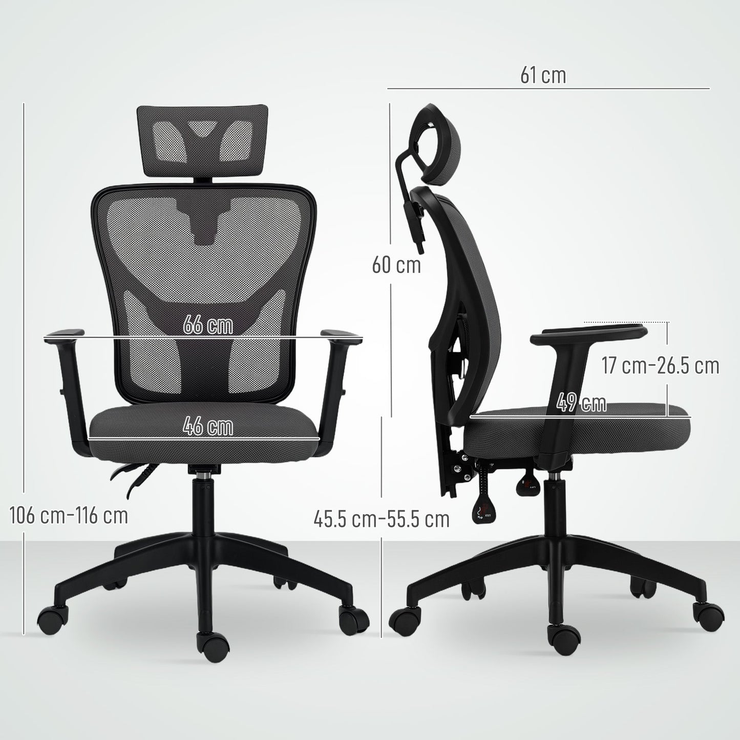 Ergonomic and Adjustable Office Chair with Lumbar Support and Headrest, 66x61x106-116 cm, Grey