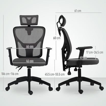 Ergonomic and Adjustable Office Chair with Lumbar Support and Headrest, 66x61x106-116 cm, Grey