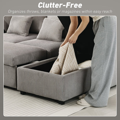 Modern U-Shaped Sofa Bed with 2 Chaise Longues and Storage Compartments, Corduroy, 282x140x86 cm, Grey