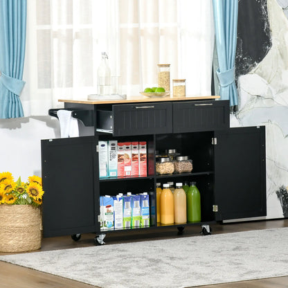 Multipurpose Wooden Kitchen Cart with 2 Drawers, Cabinet and 4 Wheels, 104x46x91cm, Black