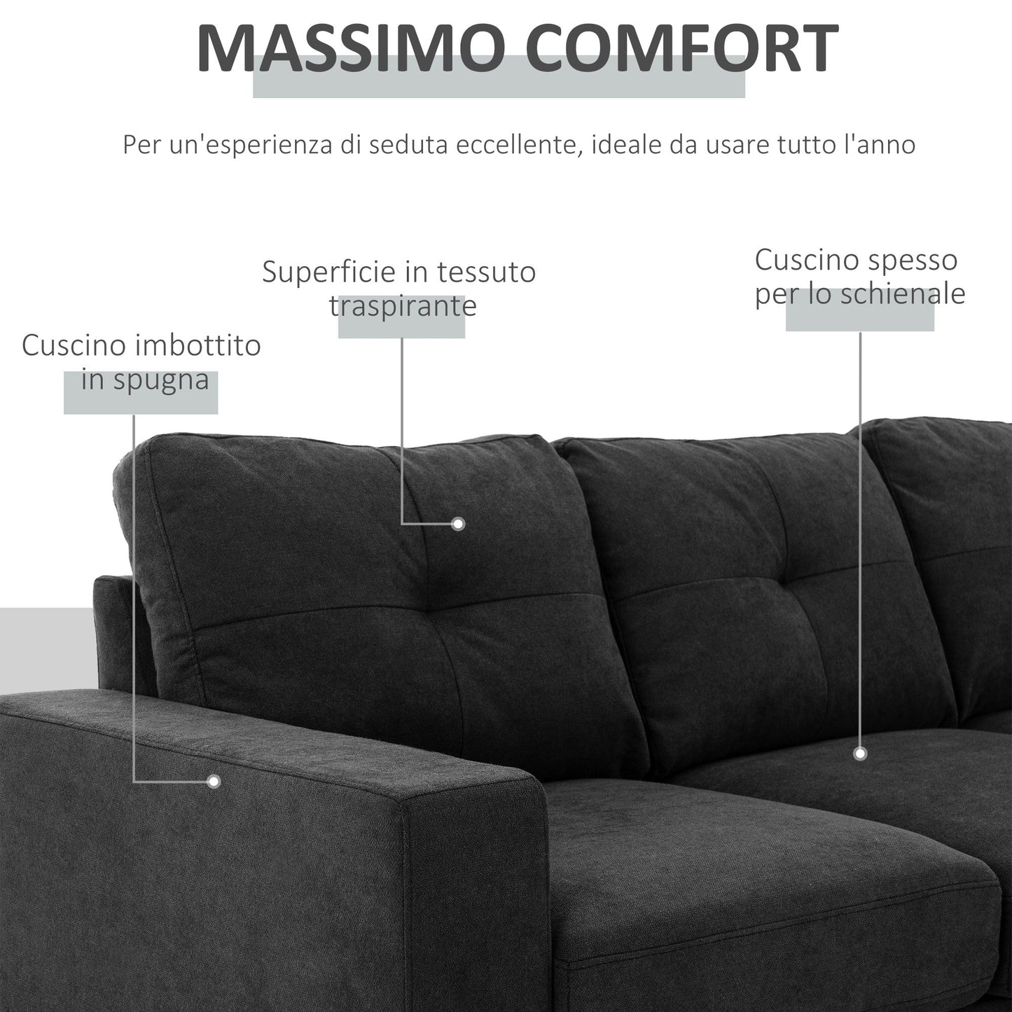 3 Seater Corner Sofa with Reversible Peninsula and Cushions, in Linen Effect Fabric, 193x136x85 cm, Black
